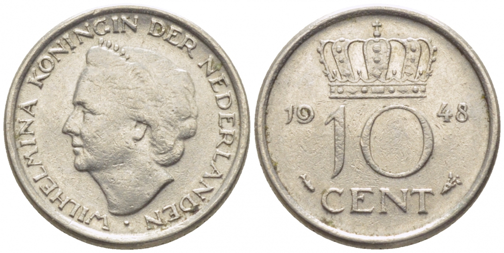 Нидерланды 10 центов 1948 Вильгельмина (1895-1948) KM 177 никель 112-256