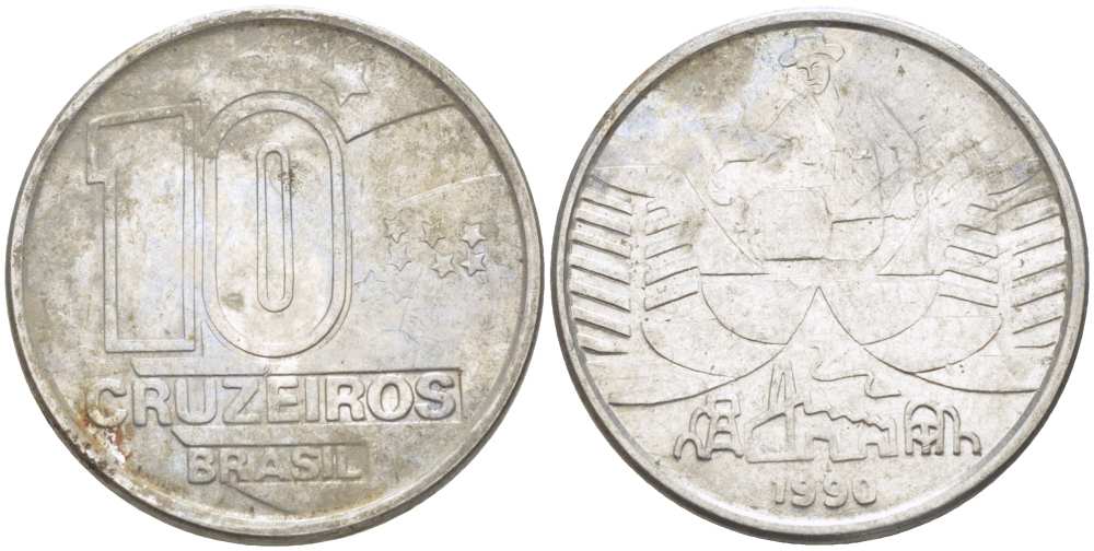 Бразилия 10 крузейро 1990 золотодобыча KM 619.1 нержавеющая сталь 3856-831