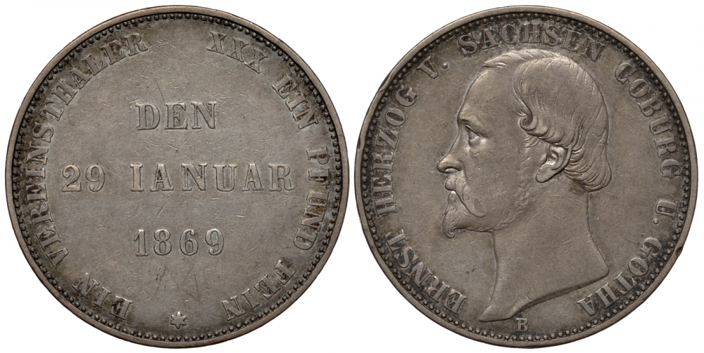 Саксен-Кобург-Гота 1 талер 1869 Эрнст, 25-я годовщина правления KM 122, Jaeger 298, Thun 370, AKS 117, Kahnt 497, Davenport 827 серебро 00-000-00