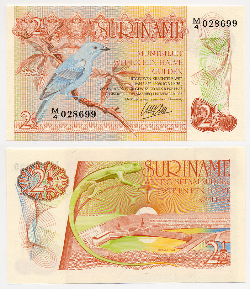 Суринам 2 1/2 гульдена 1985 голубая танагра, дамба Pick 119 a бумага UNC (пресс) 7485-38-2