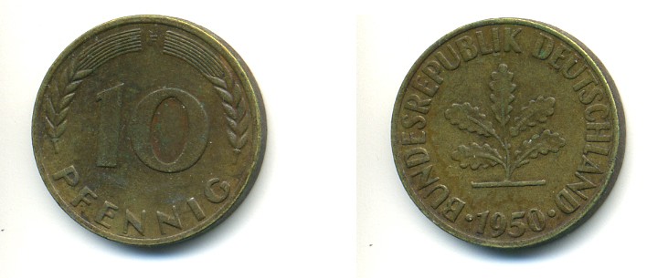 ФРГ 10 ПФЕННИГОВ 1950 F KM 108, J 383 сталь плакированная латунью 80-317