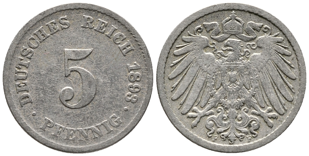 ГЕРМАНИЯ 5 ПФЕННИГОВ 1893 F KM 11, J. 12 медно-никель 39-649