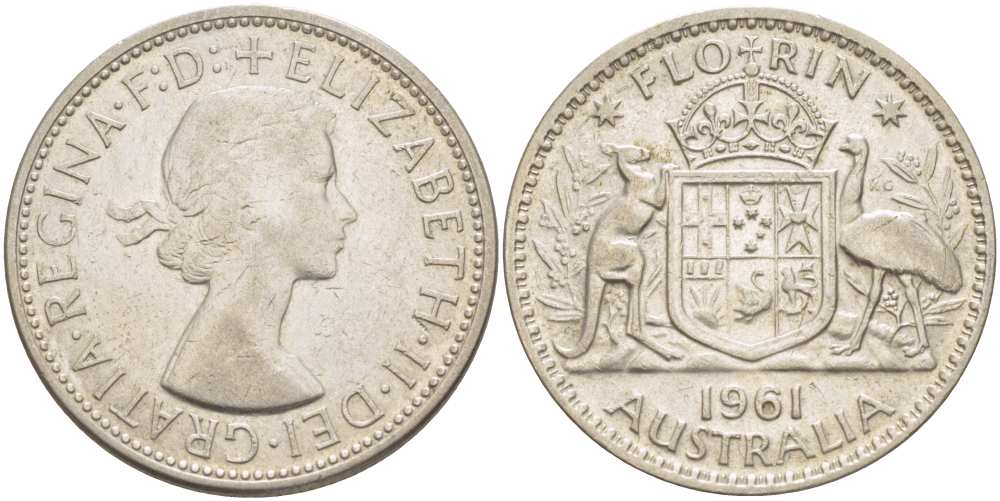 Австралия 1 флорин 1961 Елизавета II (1952-2022), герб Австралии KM 60 серебро 4512-1242