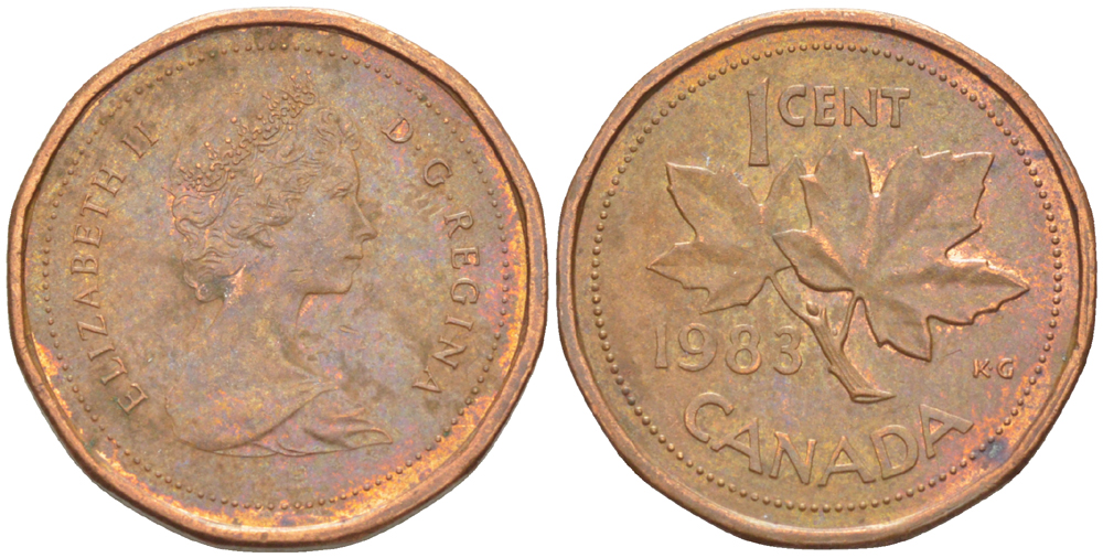 КАНАДА 1 ЦЕНТ 1983 КЛЕНОВЫЙ ЛИСТ, ЕЛИЗАВЕТА II (1953-) KM 132 бронза 4181-1265