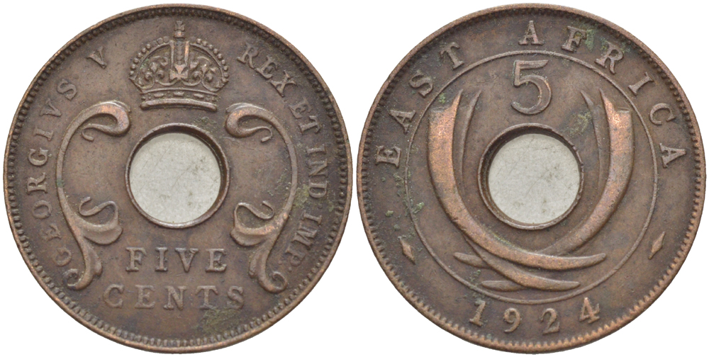 Британская Восточная Африка 5 центов 1924 Георг V (1910-1936) KM 18 бронза 117-145