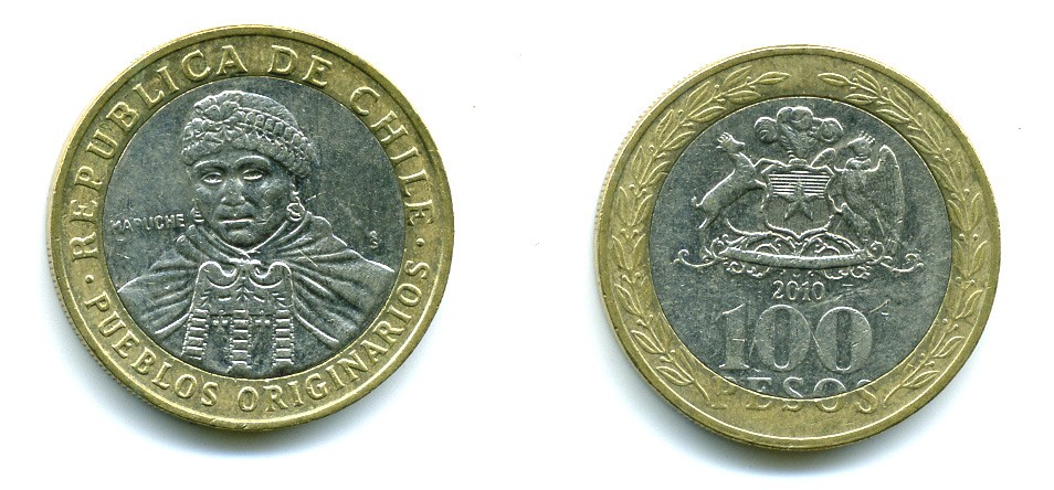 Чили 100 песо 2010 индейцы Мапуче KM 236 биметалл 41-145