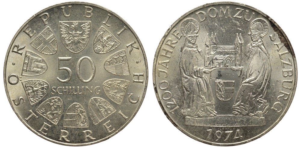 Австрия 50 шиллингов 1974 1200 лет кафедральному собору Зальцбурга KM 2921 серебро 413-4234