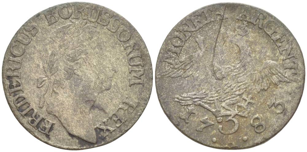 Силезия 3 крейцера 1783 A, Фридрих II Прусский (1740-1786), вес 1,65 гр., монетный двор Берлин KM 24 серебро 1517-1222