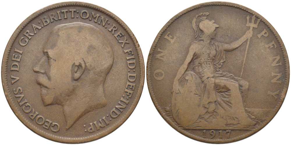 Великобритания 1 пенни 1917 Георг V (1910-1936) KM 810, Spink 4051 бронза 115-125