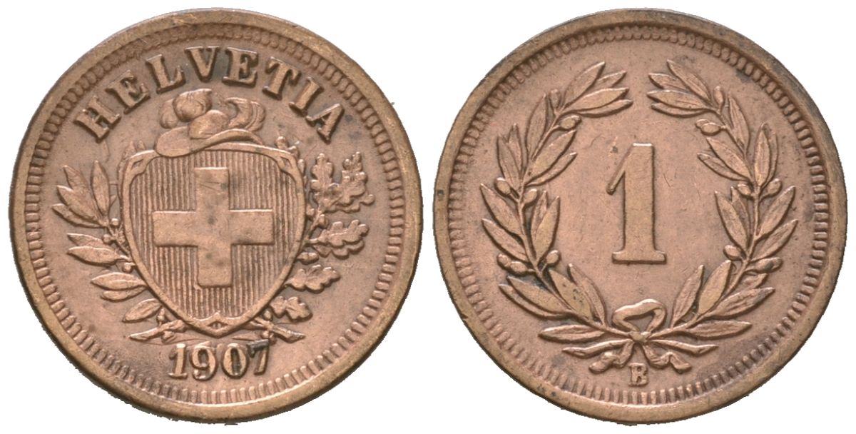Швейцария 1 раппен 1907 B KM 3 бронза 26-918