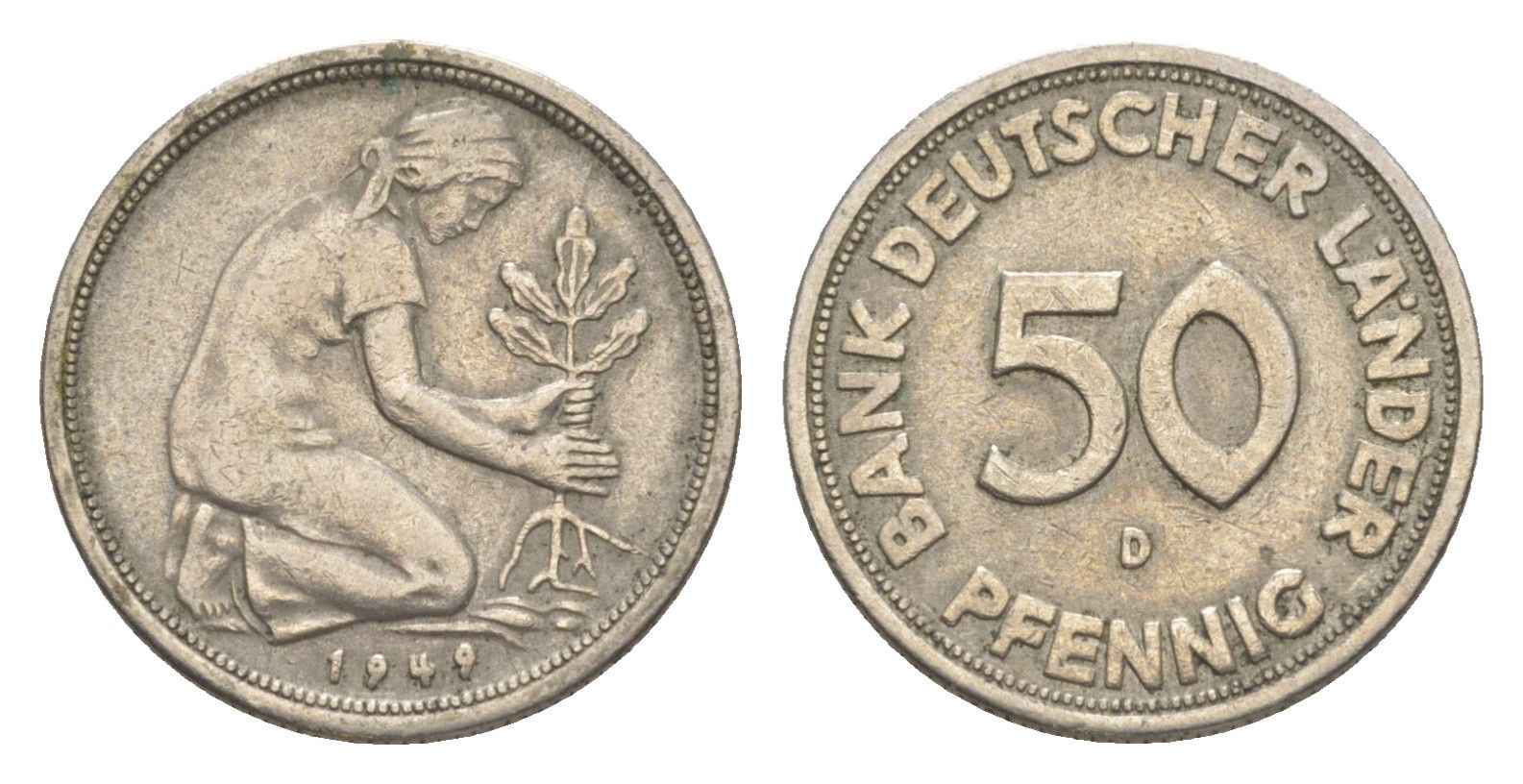 ФРГ 50 пфеннигов 1949 D KM 104, J. 379 медно-никель 4636-758