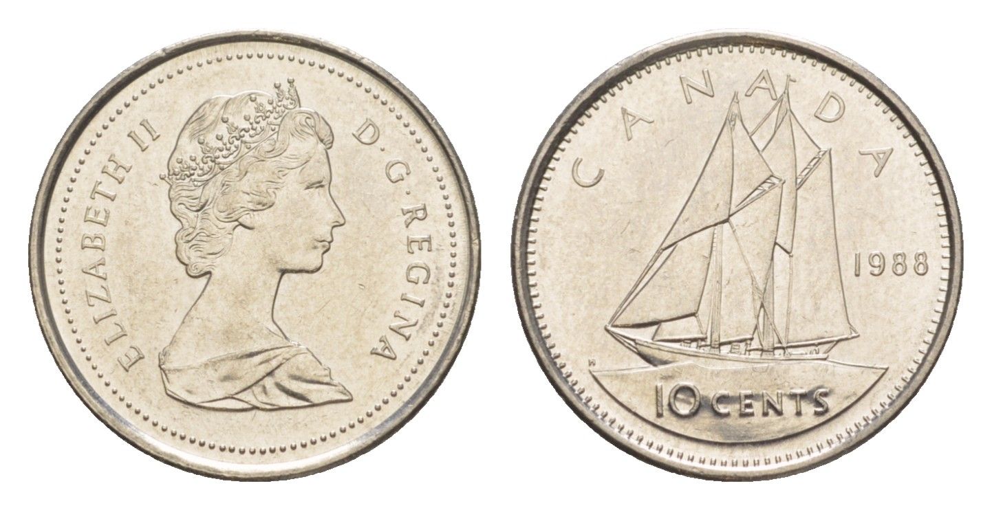 Канада 10 центов 1988 Елизавета II (1952-2022), парусник KM 77 никель UNC 4639-651