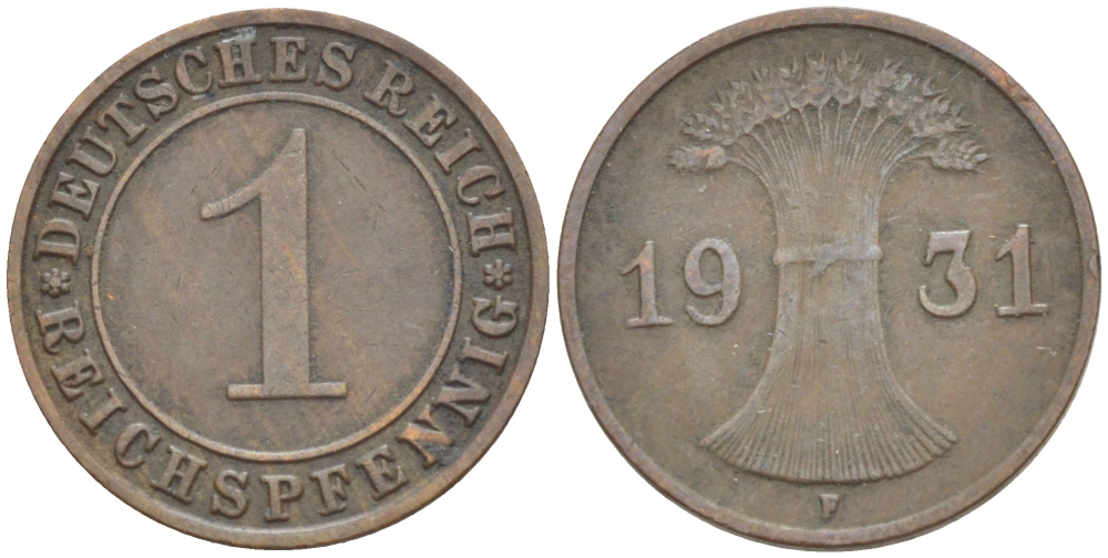 ГЕРМАНИЯ 1 РЕЙХСПФЕННИГ 1931 F KM 37, J 313 бронза 4532-528