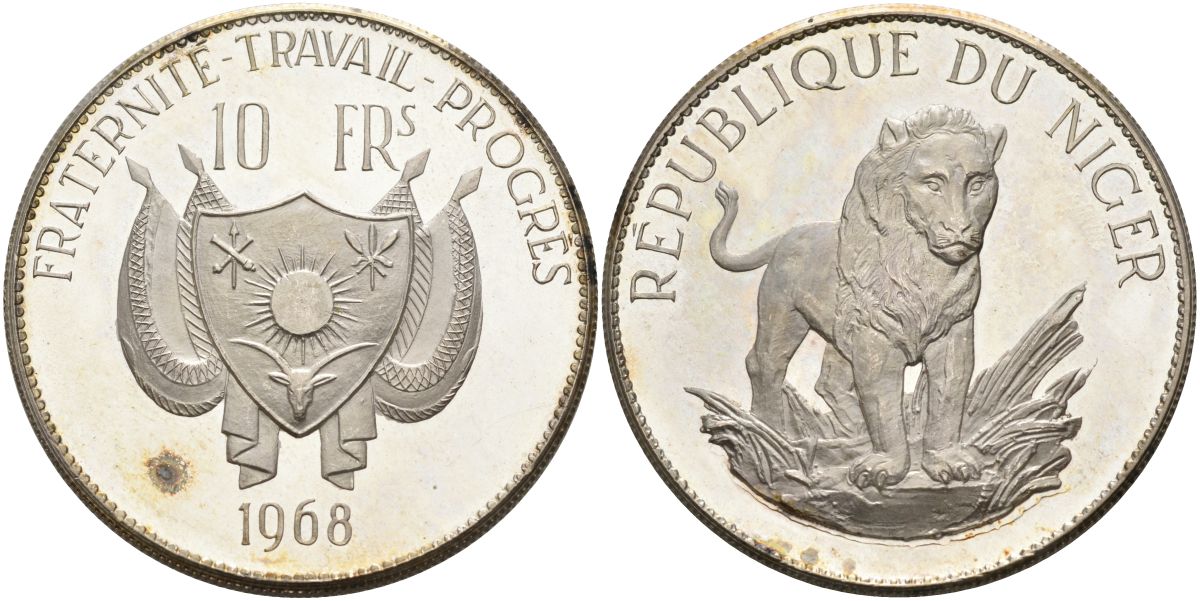 Нигер 10 франков 1968 лев, без черты над Е, в слове Republique KM 8.2 серебро PROOF 1098-4-41