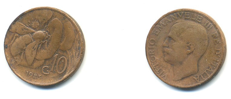 ИТАЛИЯ 10 ЧЕНТЕЗИМО 1923 R, ВИКТОРИО ЭМАНУИЛ, ПЧЕЛА KM 60 медь 80-1157