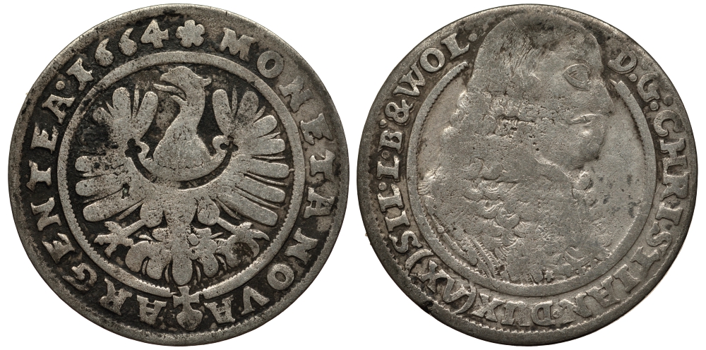 Силезия-Легница-Бжег 15 крейцеров 1664 Кристиан (1639-1673) серебро 413-1431