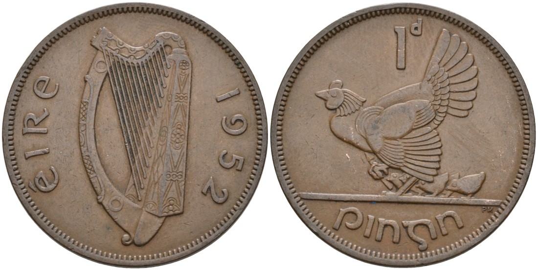 Ирландия 1 пенни 1952 курица с цыплятами KM 11 бронза 88-836