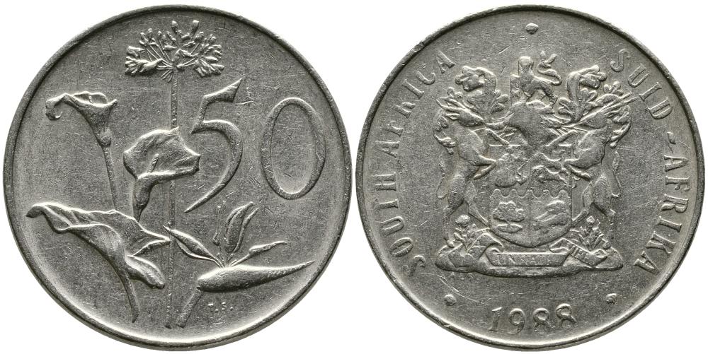 ЮАР 50 центов 1988 Зантедеския Эллиота (калла), герб KM 87 никель 3336-1247