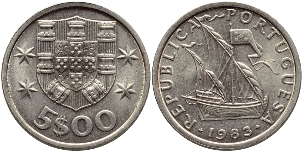 ПОРТУГАЛИЯ 5 ЭСКУДО 1983 ПАРУСНИК KM 591 медно-никель UNC 4395-917