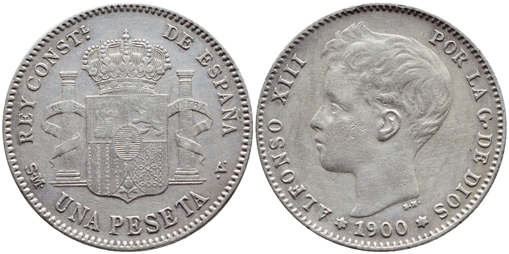Испания 1 песета 1900 (00) SM-V, АЛЬФОНСО XIII (1886-1931) KM 706 (Y88) серебро 443-543