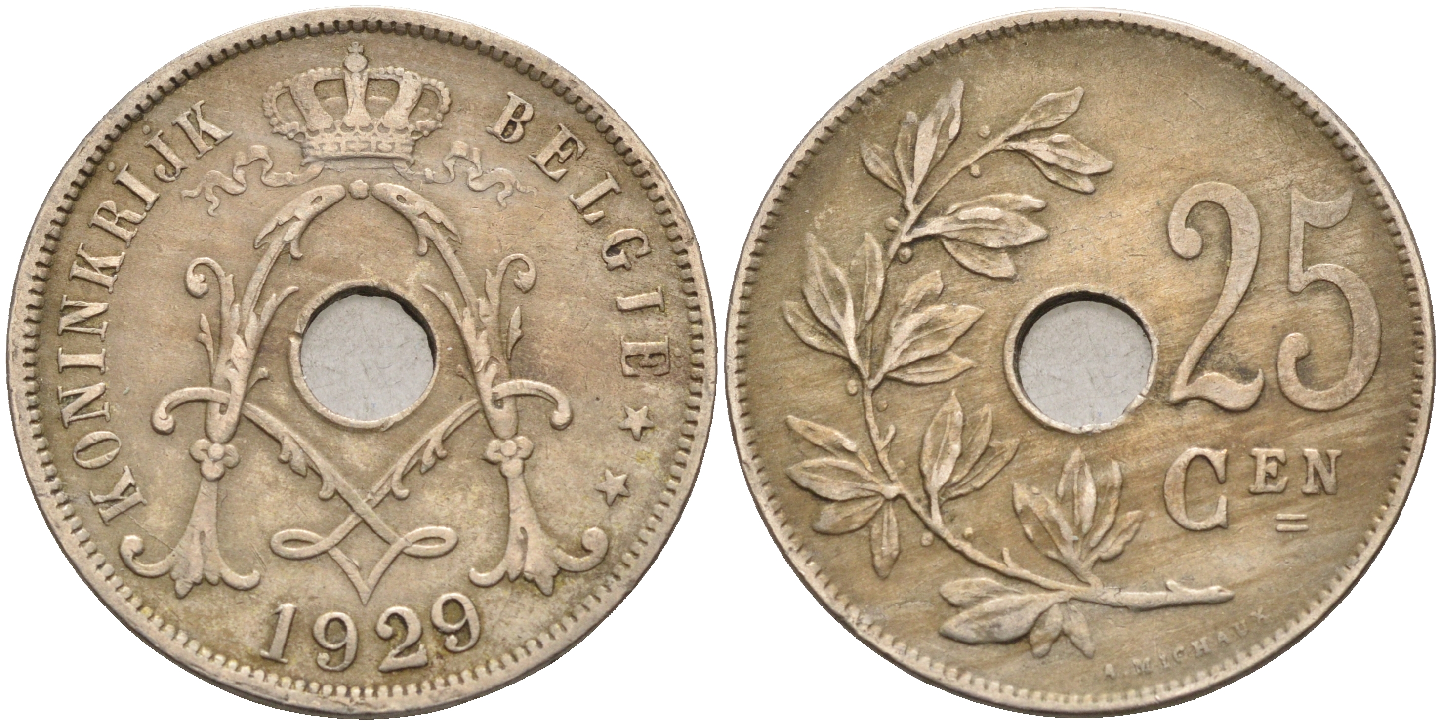 БЕЛЬГИЯ 25 САНТИМОВ 1929 BELGIE KM 69 медно-никель 4589-746