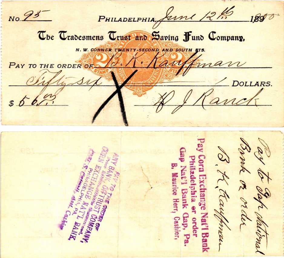 США чек на 56 долларов 1900 Филадельфия бумага 3295-73-3-1