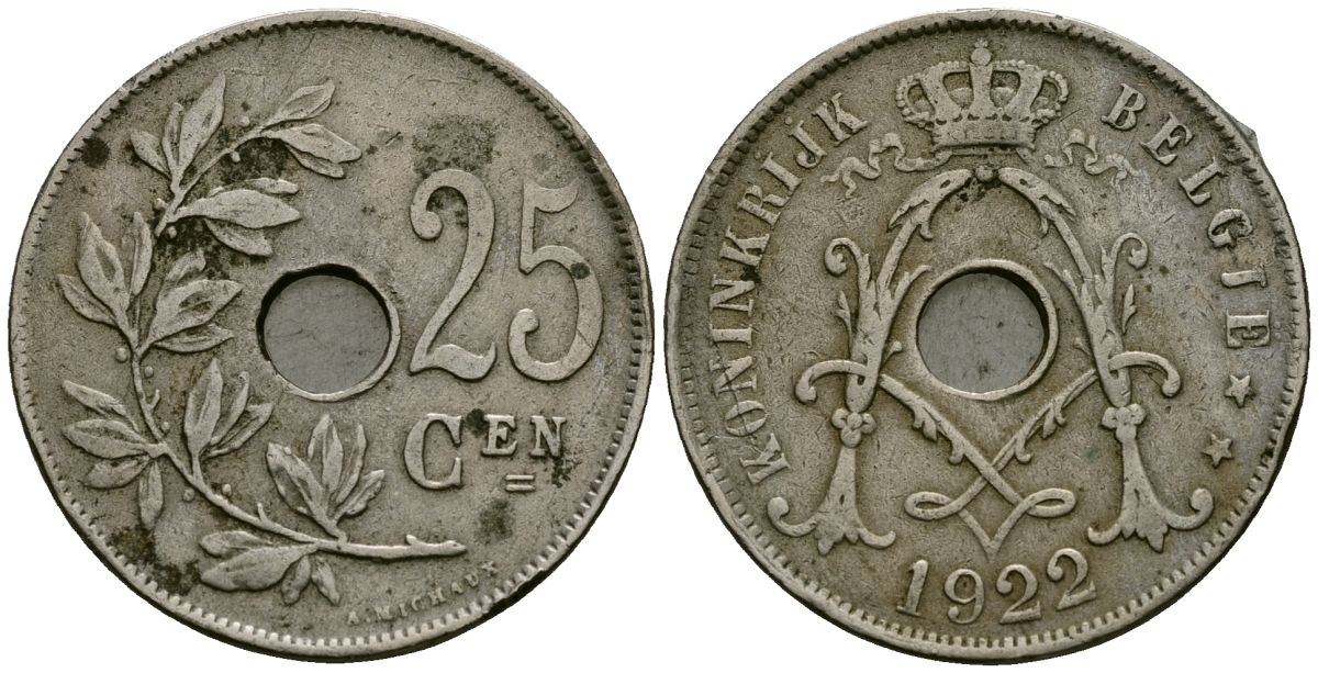 Бельгия 25 сантимов 1922 Belgie KM 69 медно-никель 4165-843