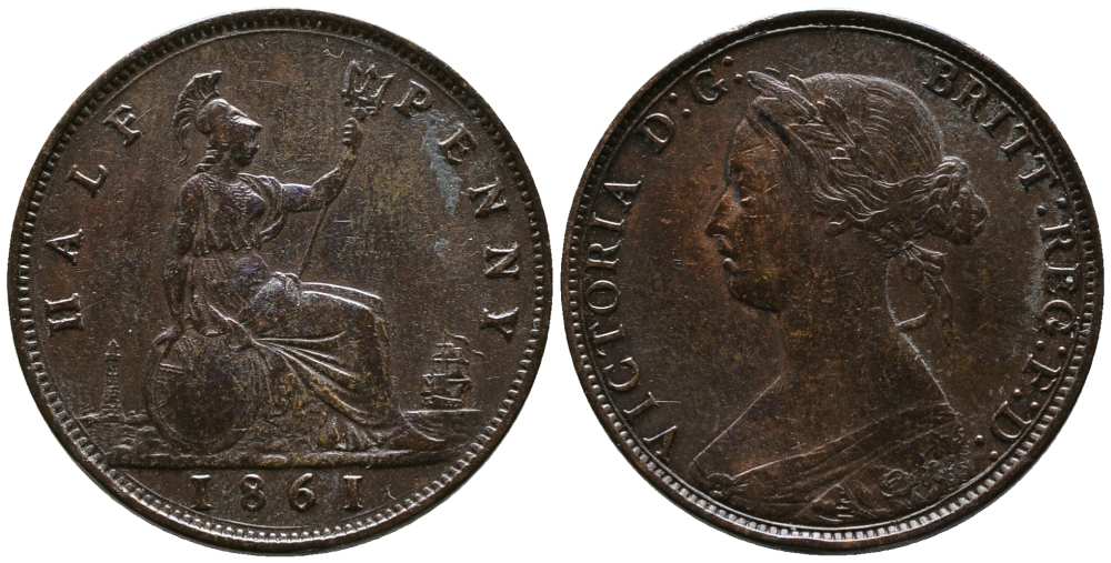 Великобритания 1/2 пенни 1861 Виктория (1837-1901) KM 748.2, Spink 3956 бронза 1518-915