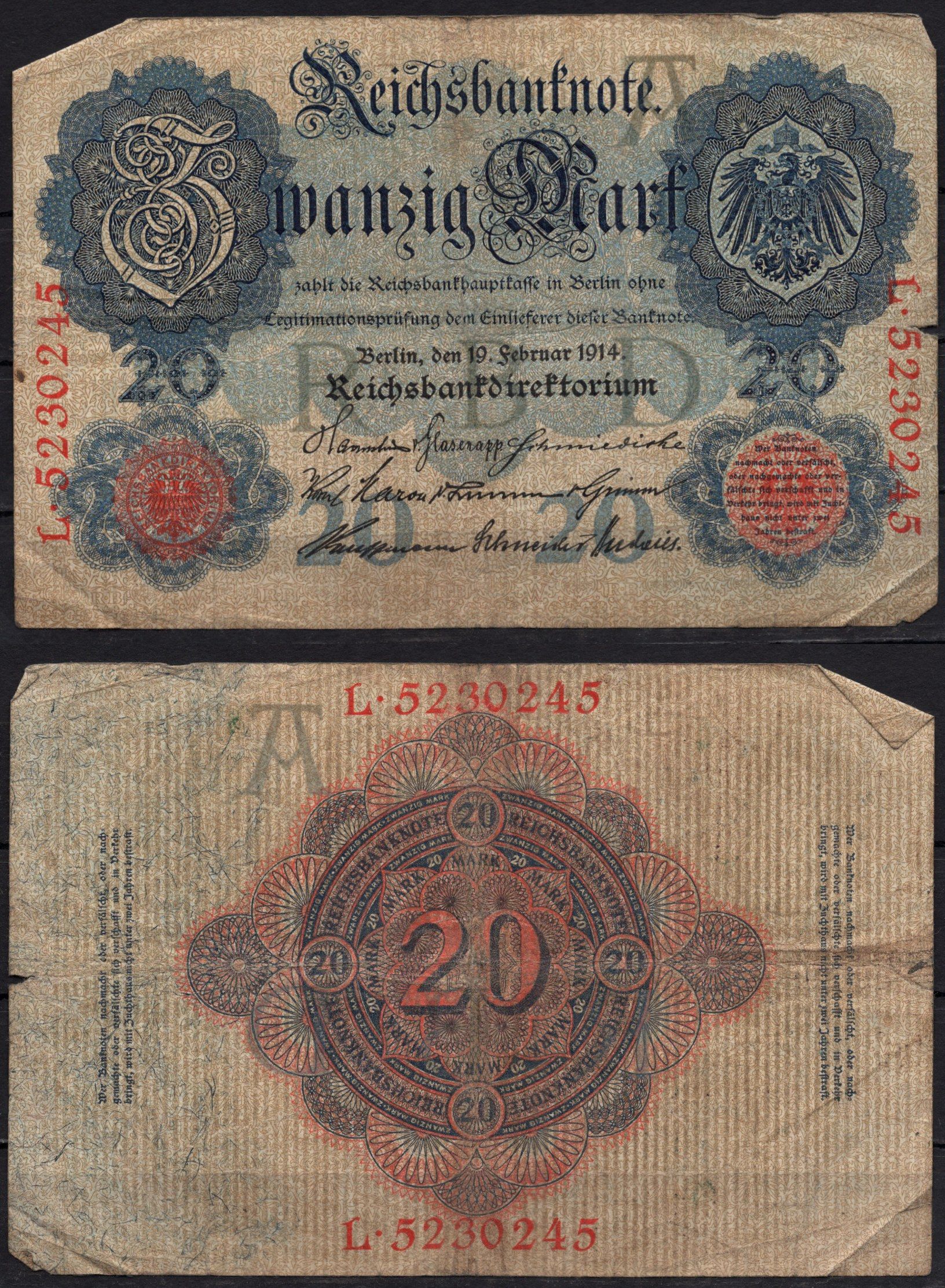 Германия 20 марок 1914 Pick 46b бумага 8592-25-3-2