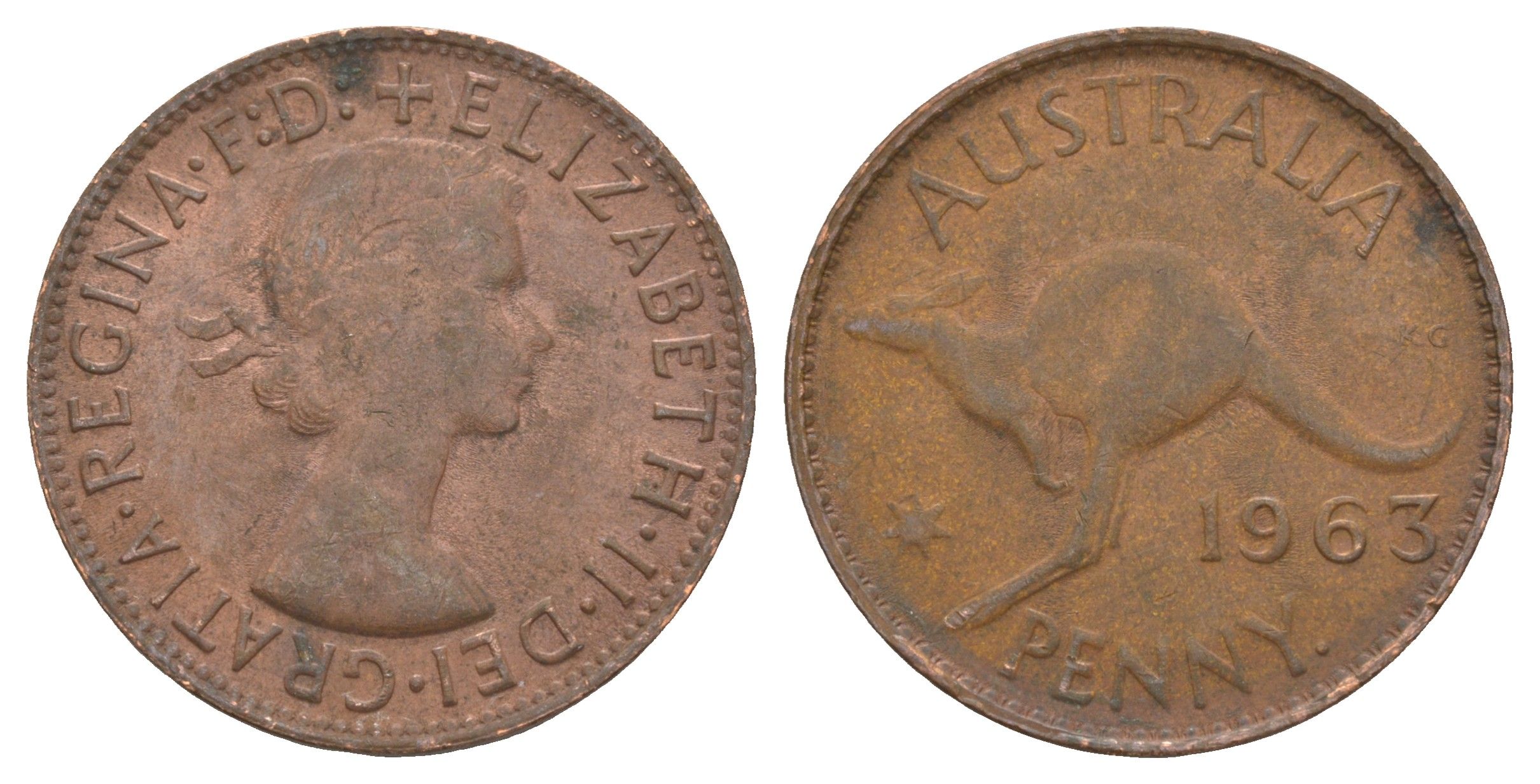 Австралия 1 пенни 1963 . , Елизавета II (1952-2022), кенгуру KM 56 бронза 81-116