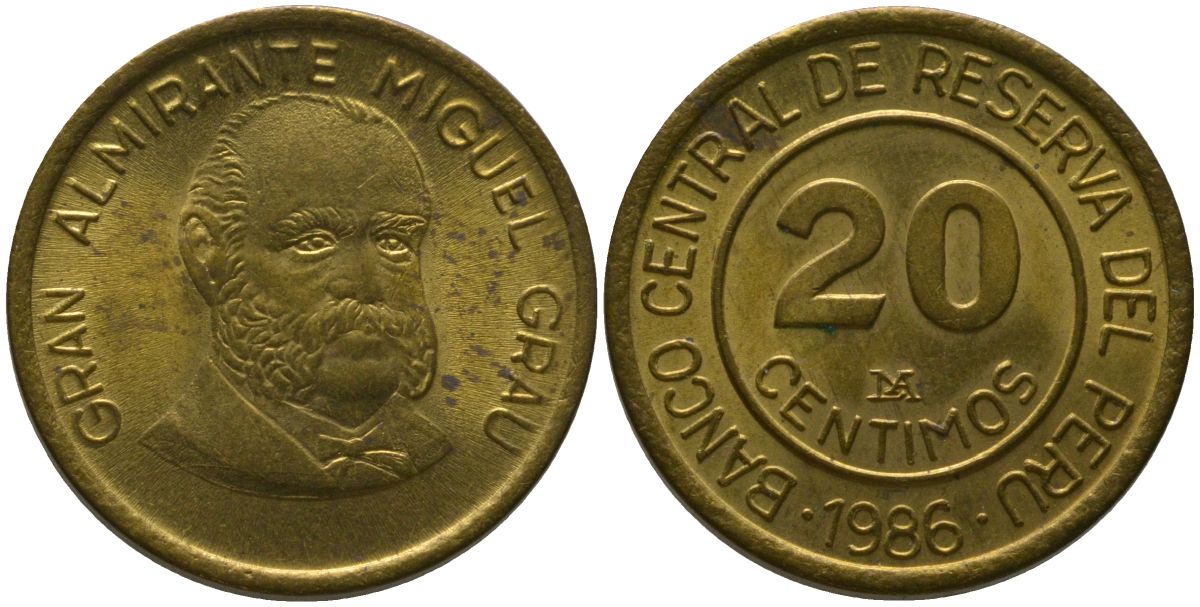 Перу 20 сентимо 1986 LIMA KM 294, Schon 95 латунь aUNC 4541-641