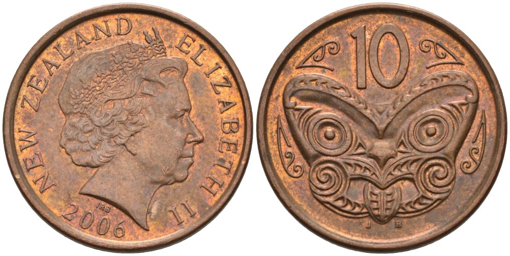 Новая Зеландия 10 центов 2006 маска Маори, Елизавета II (1952-) KM 117а сталь плакированная медью 175-1141