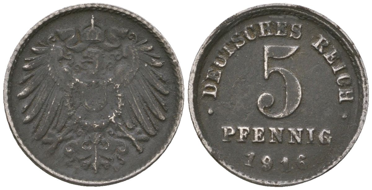Германия 5 пфеннигов 1916 A, Вильгельм II (1888-1918) KM 19, AKS 17, J 297, Schon DM 20, Neum 33 железо 4588-213