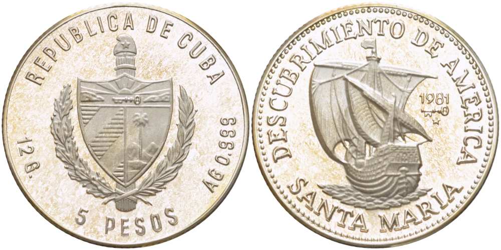 Куба 5 песо 1981 открытие Америки, парусники Колумба, каракка Санта-Мария, тираж 1000 экземпляров KM 73 серебро PROOF 1087-6-63