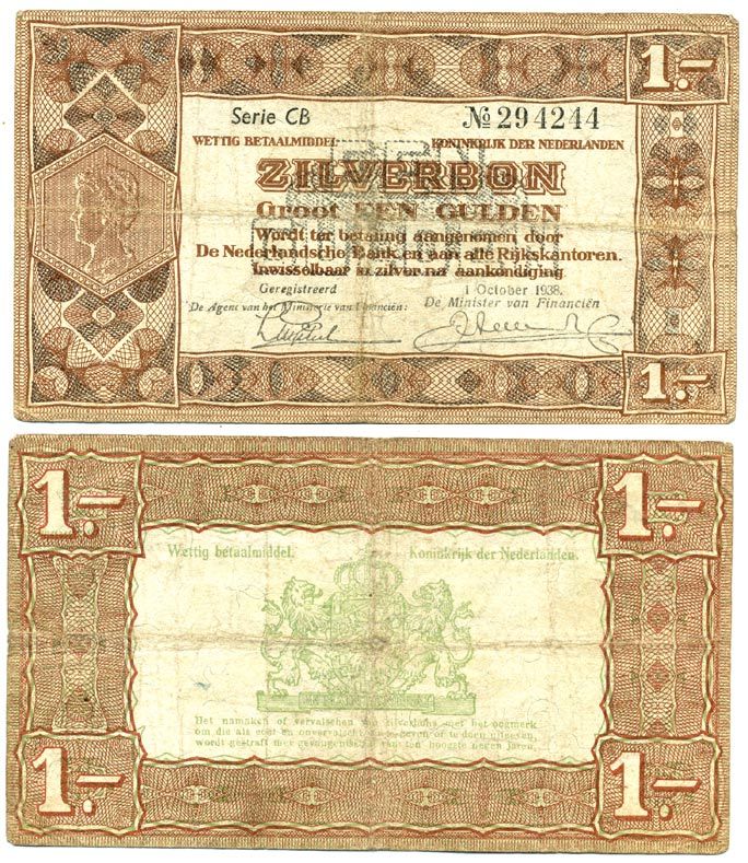 Нидерланды 1 гульден 1938 серебряный ваучер, в серии 2 буквы, 6 цифр Pick 61, Akkermans 4.1 b  бумага 7147-17-3