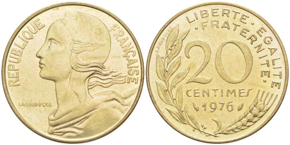 ФРАНЦИЯ 20 САНТИМОВ 1976 ТИП MARIANNE KM 930, LE FRANC 156.16 алюминиевая бронза 217-234