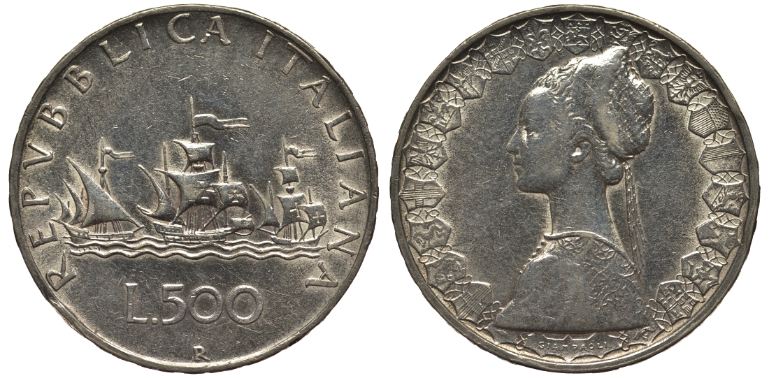 Италия 500 лир 1958 R, корабли Колумба KM 98 серебро 69-126
