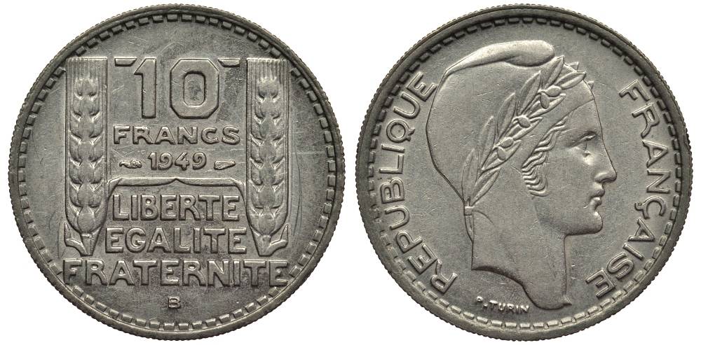 Франция 10 франков 1949 B, тип Пьер Турин, PETIT TETE KM 909.2, LE FRANC 362.7 медно-никель 27-834
