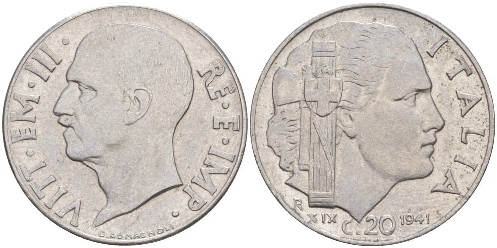 ИТАЛИЯ 20 ЧЕНТЕЗИМО 1941 R, ГОД XIX, ВИКТОР ЭММАНУИЛ III (1900-1946) KM 75b, VEM3. 1028 нержавеющая сталь 3853-917