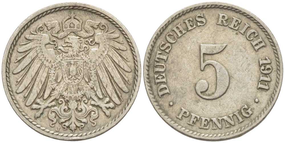 Германия 5 пфеннигов 1911 J KM 11, Jager 12, Weege 6 медно-никель 105-146