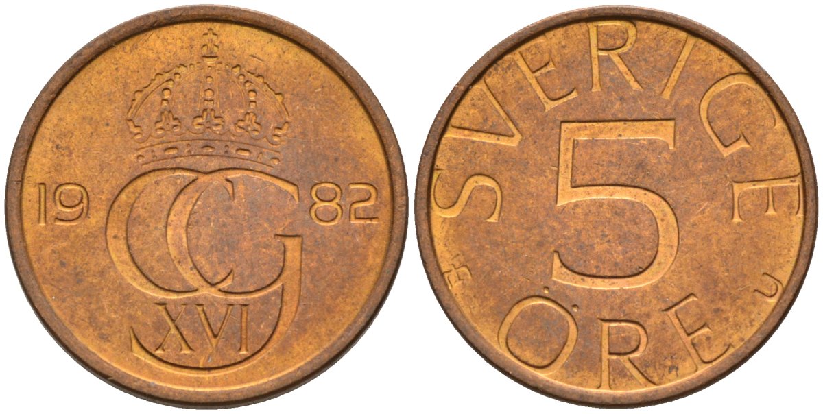 Швеция 5 эре 1982 Карл XVI Густав (1973- ) KM 849 бронза UNC 4585-342
