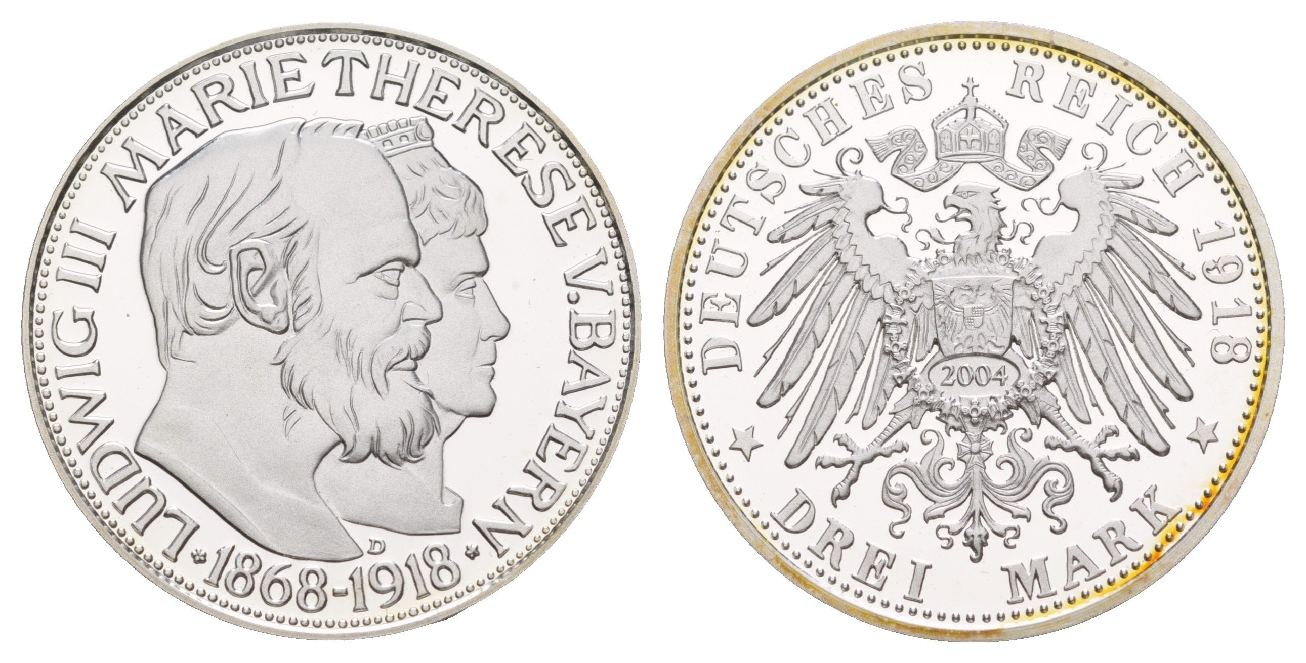 Бавария 3 марки (НОВОДЕЛ) 1918 (2004) Баварская Свадьба - 50 лет со дня свадьбы короля Людвига III и Марии Терезы, новодел типаж - KM 1010 серебро PROOF 11-157-33