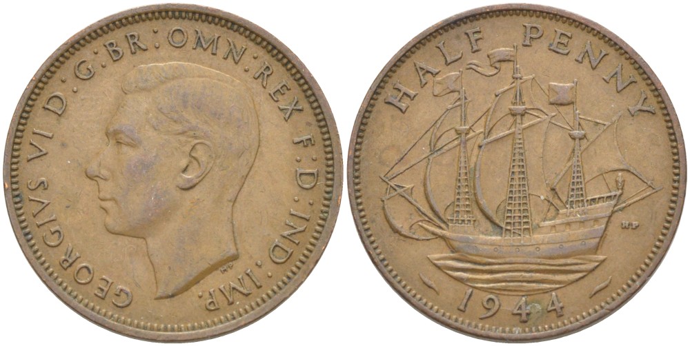 Великобритания 1/2 пенни 1944 Георг VI (1936-1952) KM 844, Spink 4115 бронза 51-2252