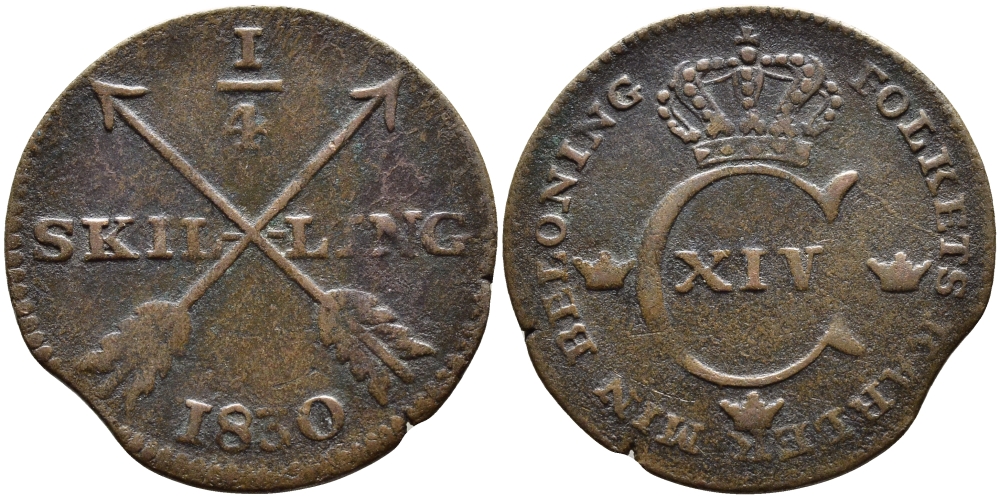 Швеция 1/4 скиллинга 1830 Карл XIV Юхан (1818-1844) KM 595 медь 4393-326