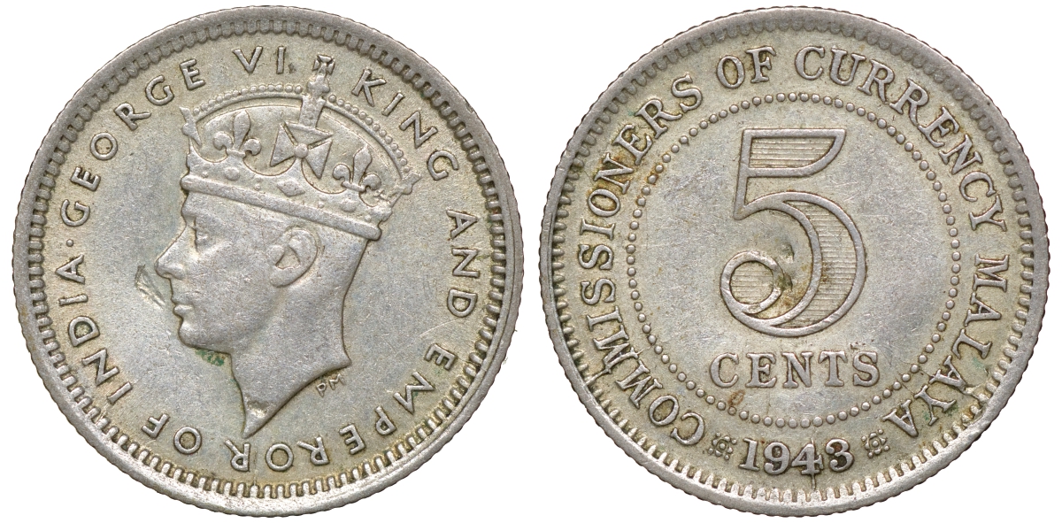 Британская Малайя 5 центов 1943 Георг VI (1937-1952) KM 3a серебро 53-123