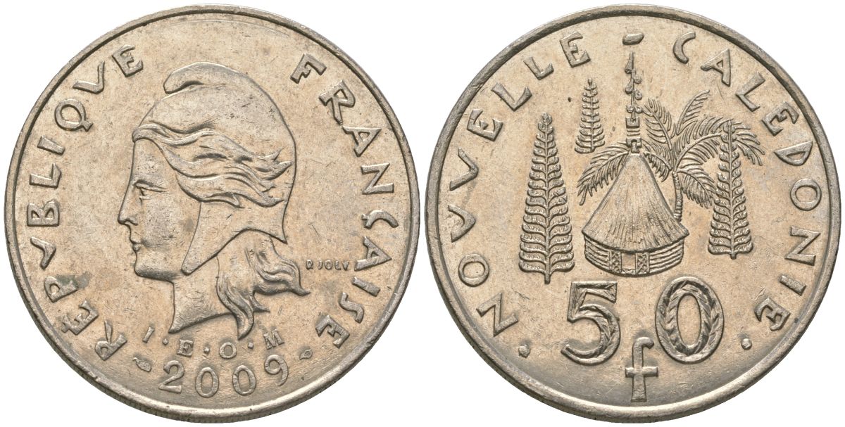 Французская Новая Каледония 50 франков 2009 хижина среди сосен и пальм, (IEOM) KM 13a, Schoen 15a, Lec 128i медно-никель 115-616