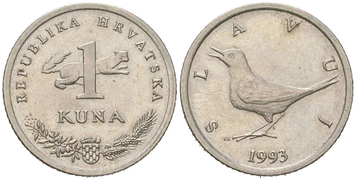 Хорватия 1 куна 1993 западный соловей, легенда на хорватском KM 9.1 медь цинк никель aUNC 4448-424