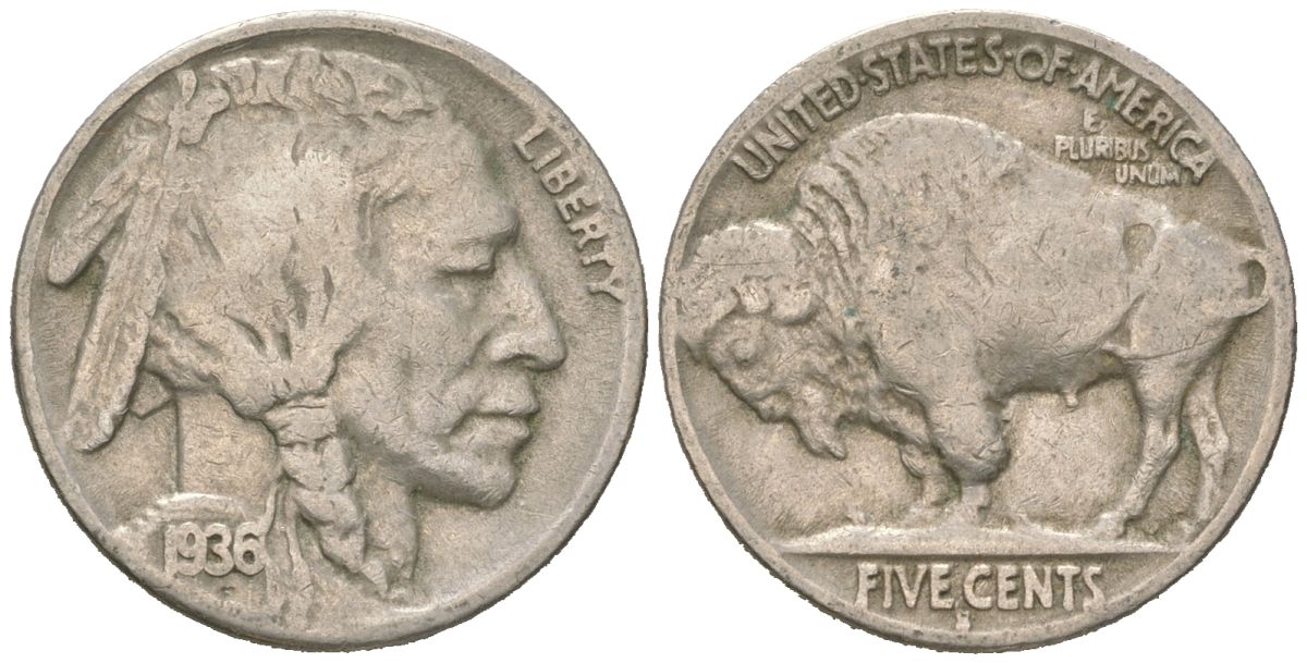 США 5 центов 1936 S, индеец, бизон KM 134 медно-никель 4614-1253