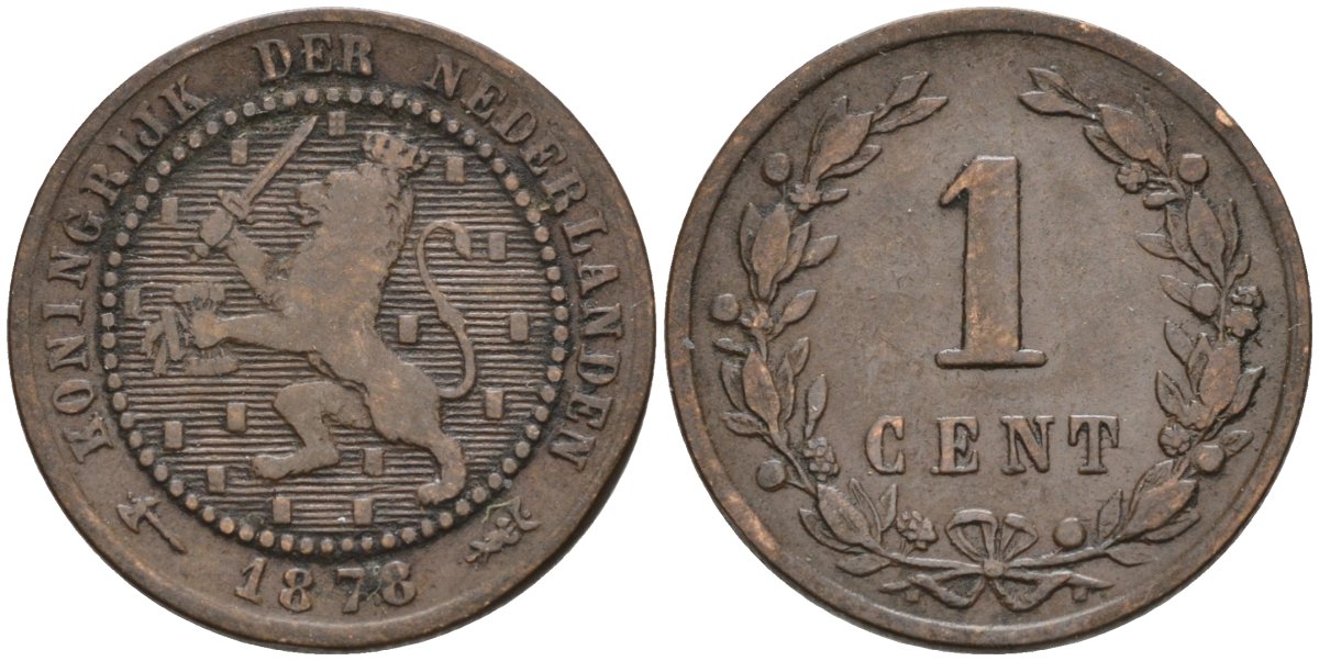 Нидерланды 1 цент 1878 Виллем III (1849-1890) KM 107 бронза 4576-537