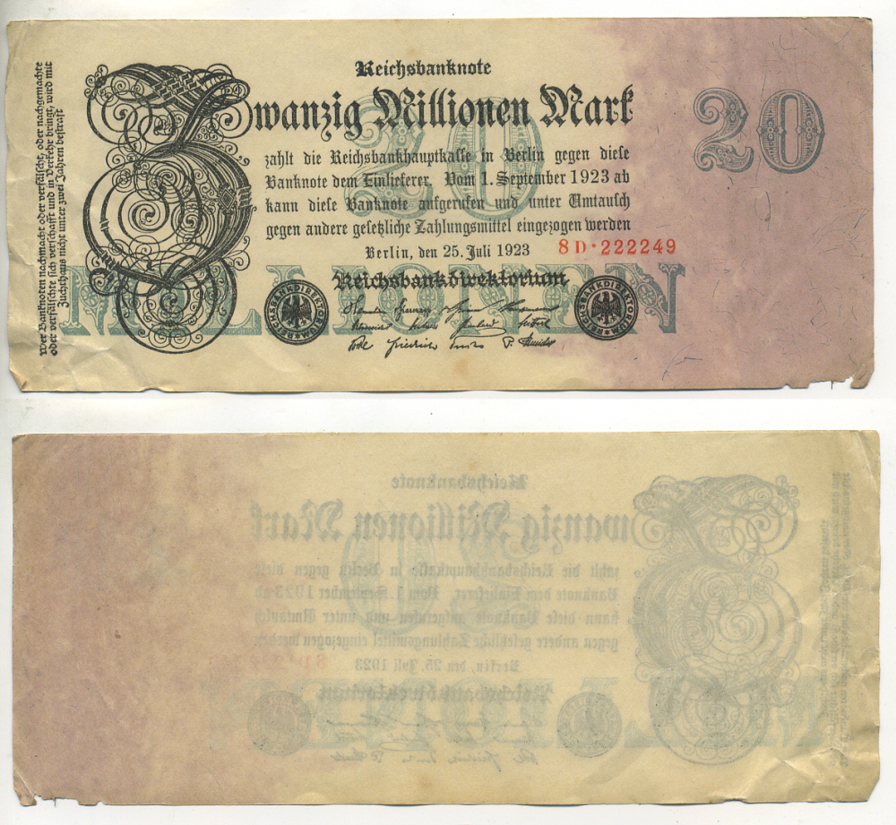 Германия 20000000 марок 1923 25 июля 1923 Pick 97 b  бумага   434-21-1-2